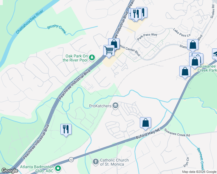map of restaurants, bars, coffee shops, grocery stores, and more near 3660 Oak Park Drive in Suwanee