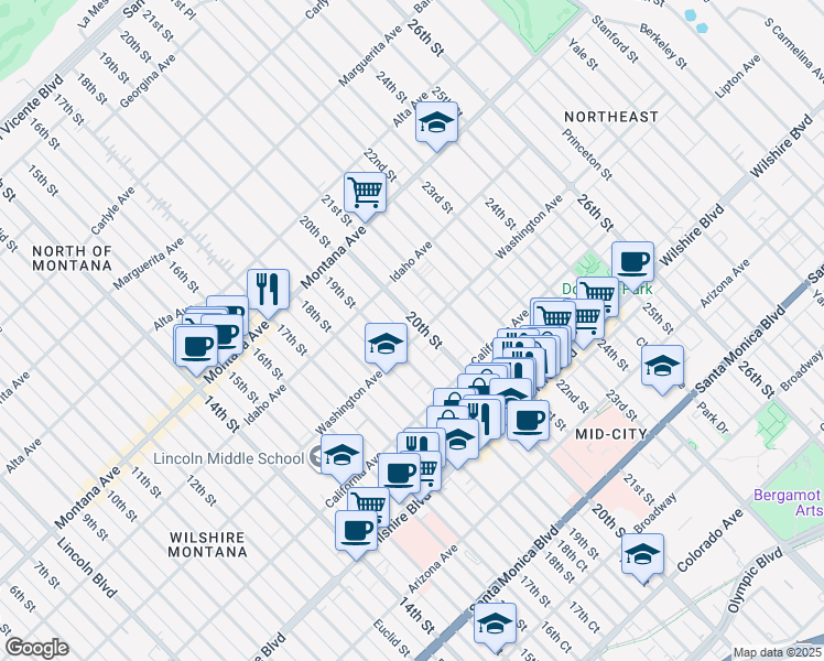 map of restaurants, bars, coffee shops, grocery stores, and more near 1927 Washington Avenue in Santa Monica