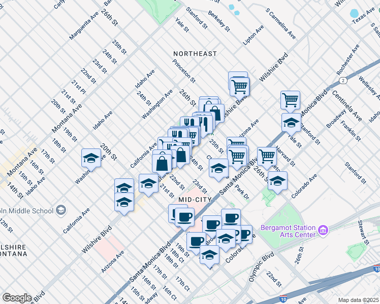 map of restaurants, bars, coffee shops, grocery stores, and more near 1231 24th Street in Santa Monica