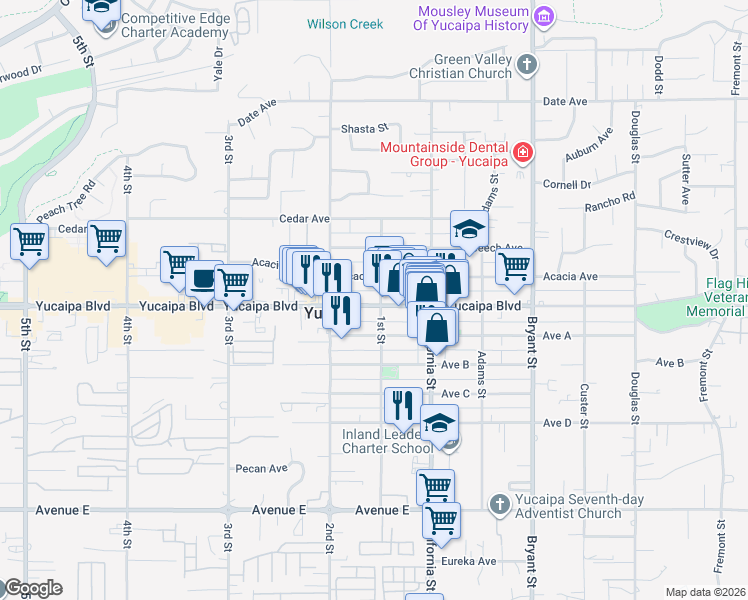 map of restaurants, bars, coffee shops, grocery stores, and more near 34984 Yucaipa Boulevard in Yucaipa