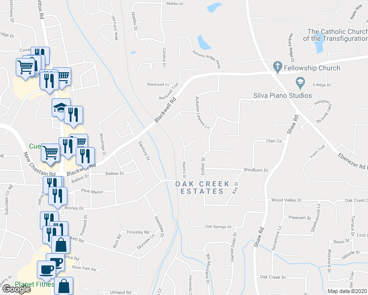map of restaurants, bars, coffee shops, grocery stores, and more near 3316 Renfro Street in Marietta