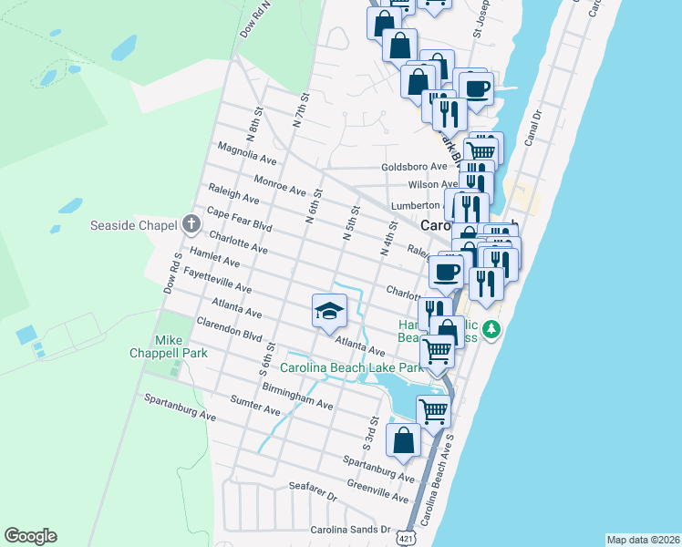 map of restaurants, bars, coffee shops, grocery stores, and more near Charlotte Avenue in Carolina Beach
