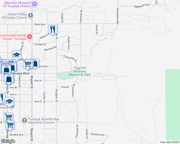 map of restaurants, bars, coffee shops, grocery stores, and more near 35756 Grandview Drive in Yucaipa