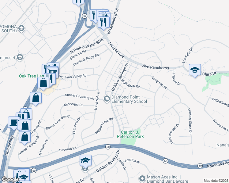 map of restaurants, bars, coffee shops, grocery stores, and more near 1070 Golden Springs Drive in Diamond Bar