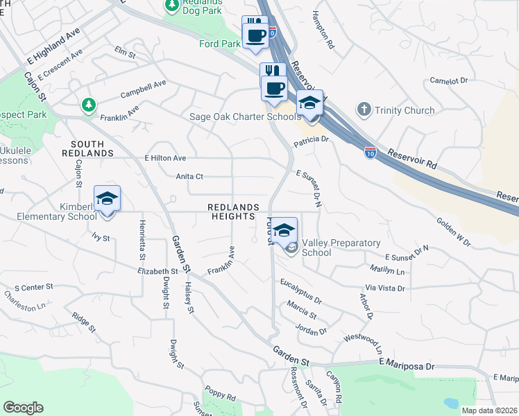 map of restaurants, bars, coffee shops, grocery stores, and more near 217 East South Avenue in Redlands