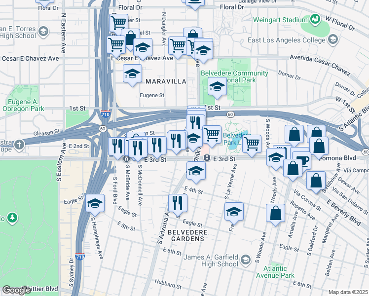 map of restaurants, bars, coffee shops, grocery stores, and more near 241 South Kern Avenue in East Los Angeles