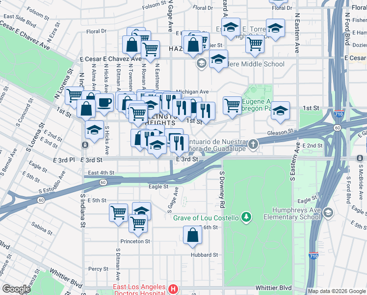 map of restaurants, bars, coffee shops, grocery stores, and more near 233 South Herbert Avenue in Los Angeles