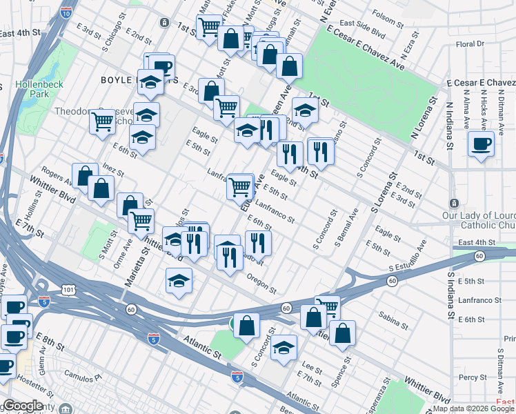 map of restaurants, bars, coffee shops, grocery stores, and more near 3027 East 6th Street in Los Angeles