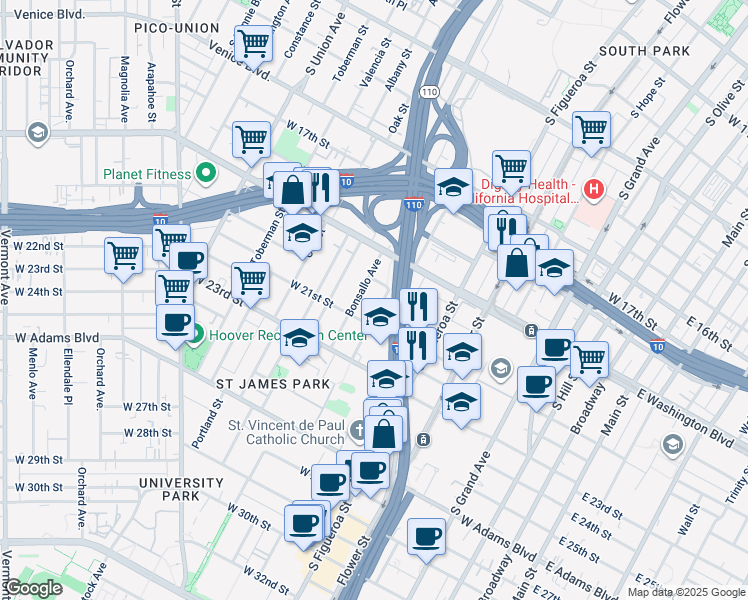 map of restaurants, bars, coffee shops, grocery stores, and more near 1968 Estrella Avenue in Los Angeles