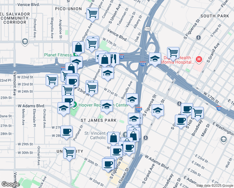 map of restaurants, bars, coffee shops, grocery stores, and more near 2118 Park Grove Avenue in Los Angeles