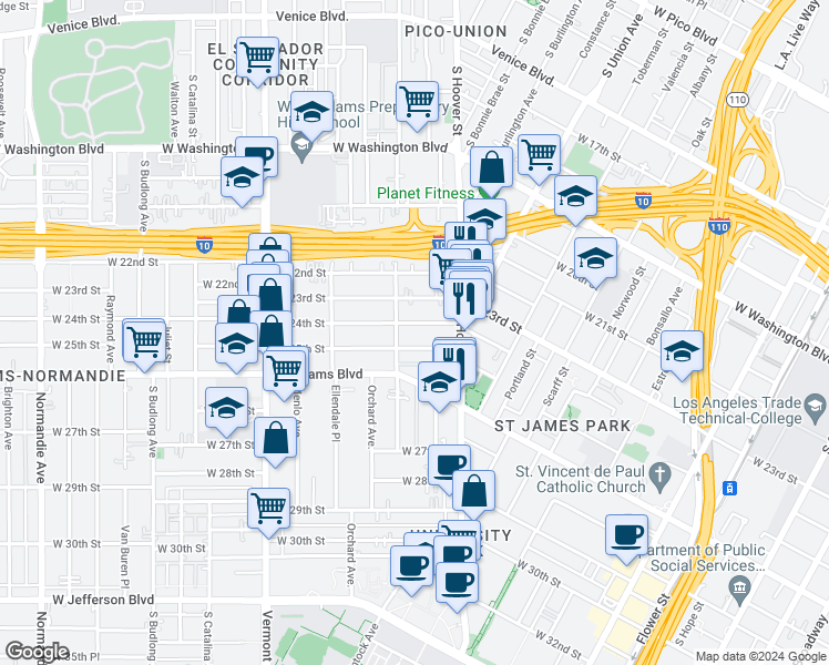 map of restaurants, bars, coffee shops, grocery stores, and more near 1150 West 25th Street in Los Angeles