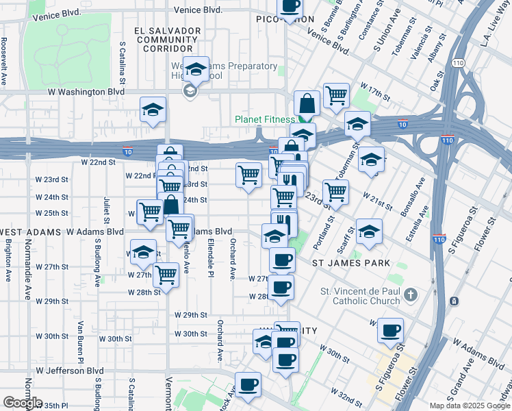 map of restaurants, bars, coffee shops, grocery stores, and more near 1150 West 25th Street in Los Angeles