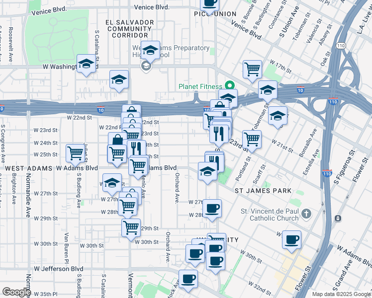 map of restaurants, bars, coffee shops, grocery stores, and more near 1216 West 25th Street in Los Angeles