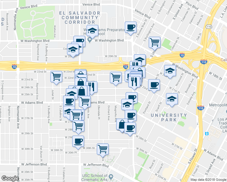 map of restaurants, bars, coffee shops, grocery stores, and more near 1216 West 25th Street in Los Angeles