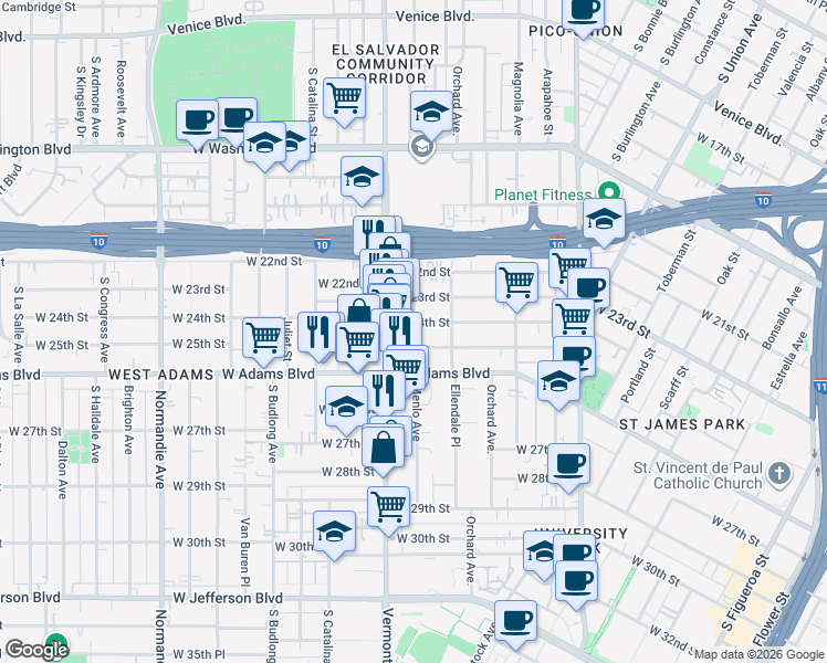 map of restaurants, bars, coffee shops, grocery stores, and more near 1336 West 25th Street in Los Angeles