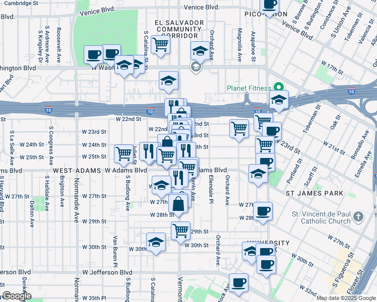 map of restaurants, bars, coffee shops, grocery stores, and more near 2500 Vermont Avenue in Los Angeles