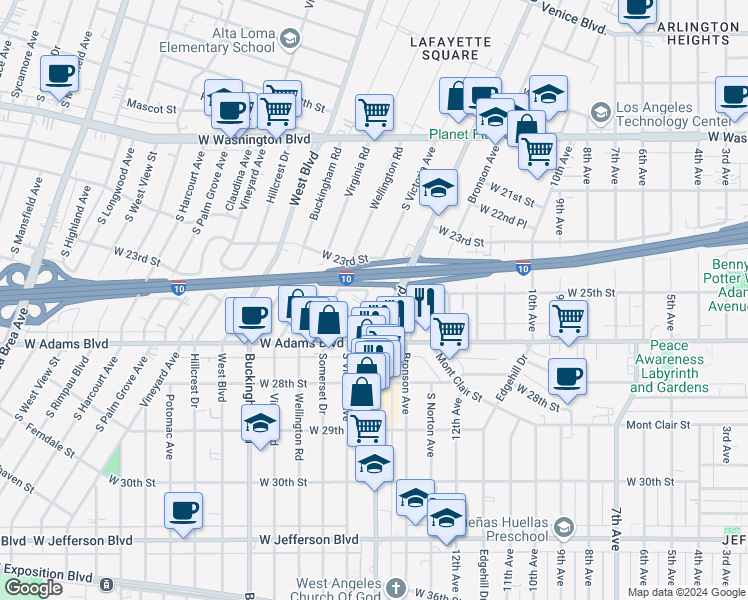 map of restaurants, bars, coffee shops, grocery stores, and more near 2535 Crenshaw Boulevard in Los Angeles