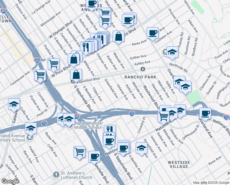 map of restaurants, bars, coffee shops, grocery stores, and more near 2692 Greenfield Avenue in Los Angeles