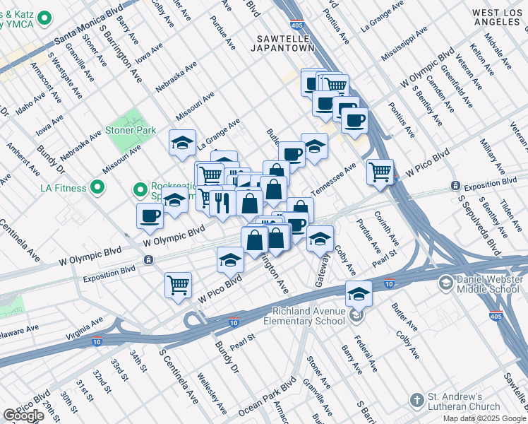 map of restaurants, bars, coffee shops, grocery stores, and more near 2251 Barry Avenue in Los Angeles