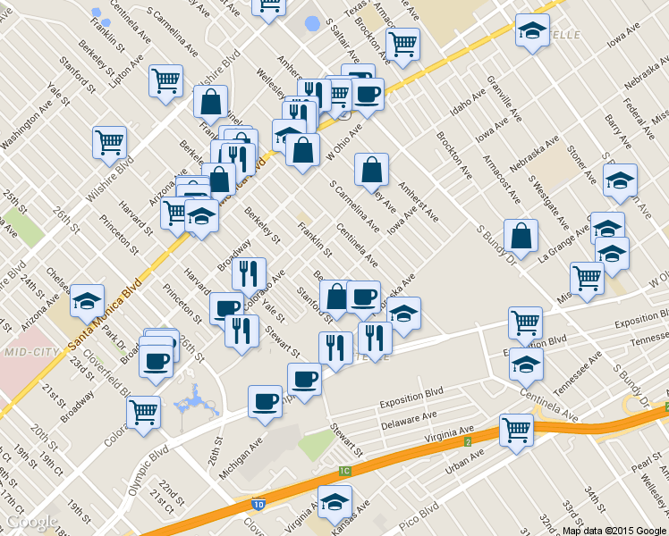 map of restaurants, bars, coffee shops, grocery stores, and more near 1708 Franklin Street in Santa Monica
