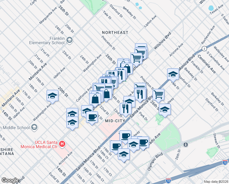 map of restaurants, bars, coffee shops, grocery stores, and more near 1231 24th Street in Santa Monica