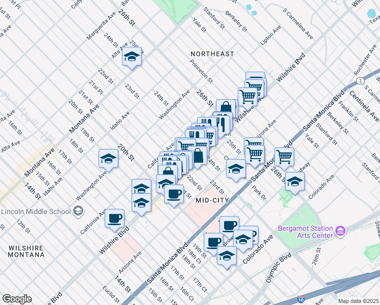 map of restaurants, bars, coffee shops, grocery stores, and more near 2300 Wilshire Boulevard in Santa Monica