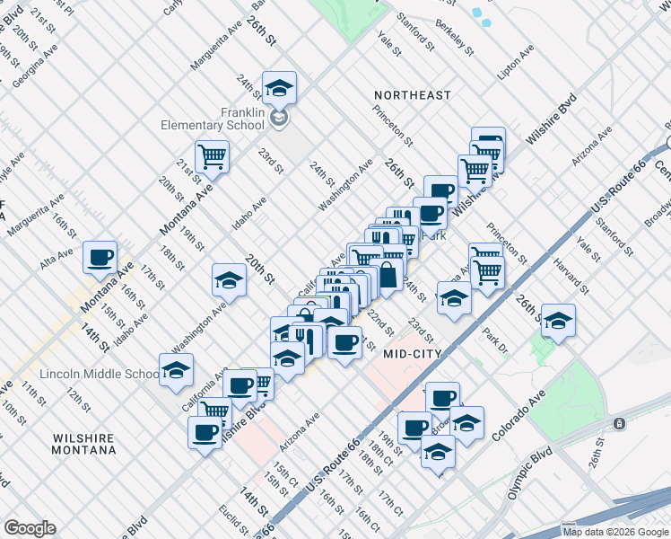 map of restaurants, bars, coffee shops, grocery stores, and more near in Santa Monica
