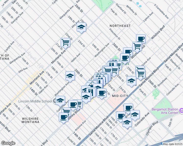map of restaurants, bars, coffee shops, grocery stores, and more near in Santa Monica