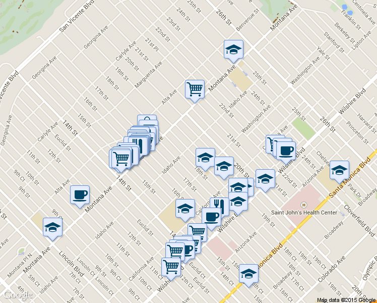 map of restaurants, bars, coffee shops, grocery stores, and more near 916 18th Street in Santa Monica