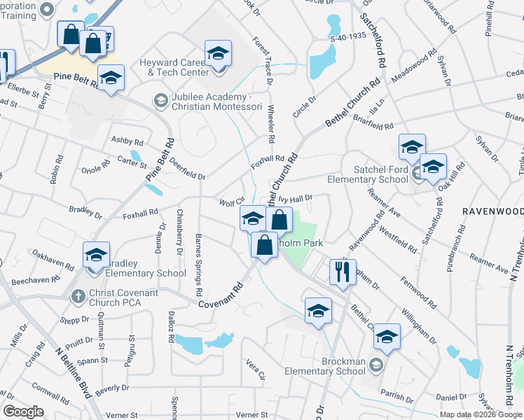 map of restaurants, bars, coffee shops, grocery stores, and more near 443 Bethel Church Road in Columbia