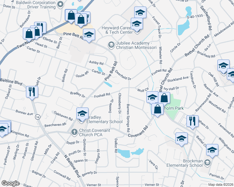 map of restaurants, bars, coffee shops, grocery stores, and more near 3214 Chinaberry Drive in Columbia
