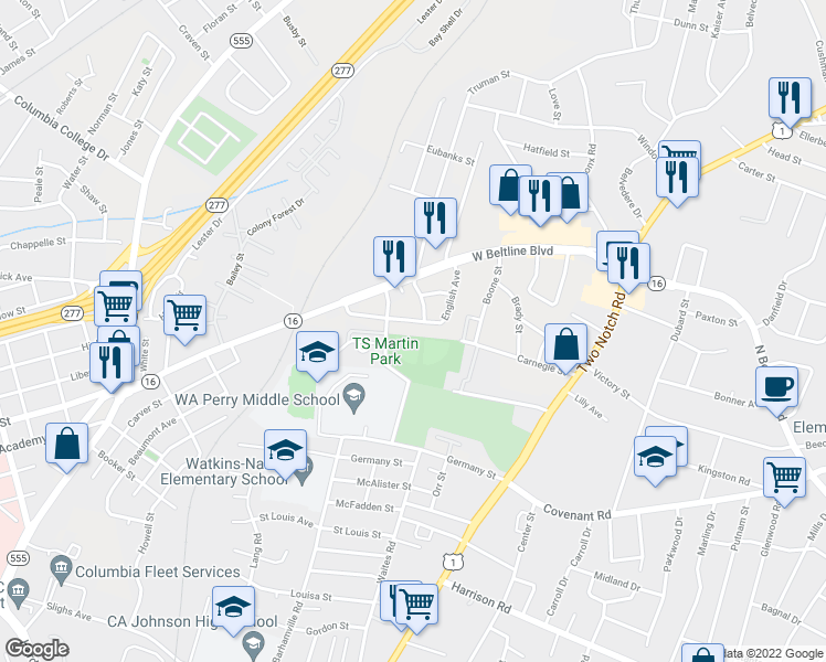 map of restaurants, bars, coffee shops, grocery stores, and more near 1747 Carnegie Street in Columbia