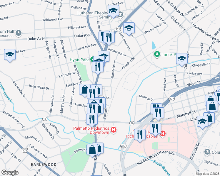 map of restaurants, bars, coffee shops, grocery stores, and more near 3606 Phillips Street in Columbia