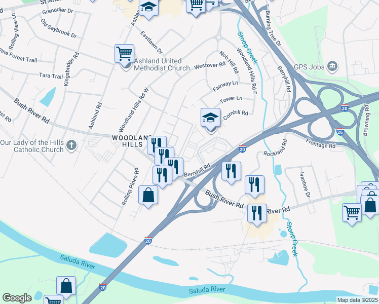 map of restaurants, bars, coffee shops, grocery stores, and more near 101 Executive Center Drive in Columbia