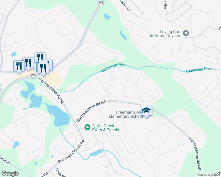 map of restaurants, bars, coffee shops, grocery stores, and more near 1694 Peachcrest Court in Lawrenceville