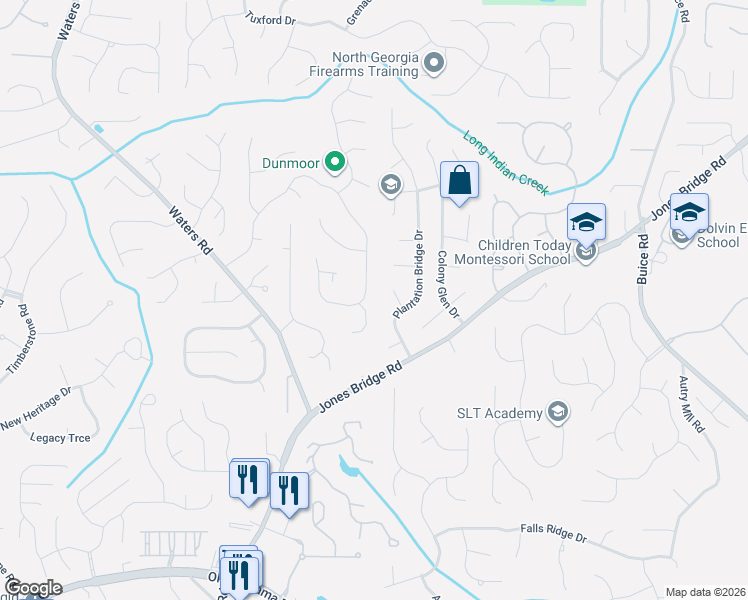 map of restaurants, bars, coffee shops, grocery stores, and more near 10360 Plantation Bridge Drive in Alpharetta
