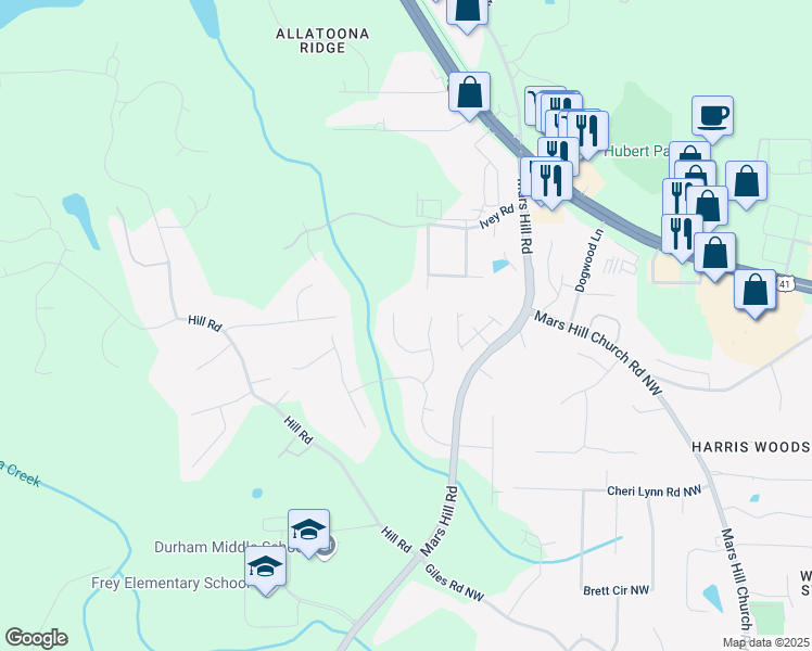 map of restaurants, bars, coffee shops, grocery stores, and more near 3420 Aviary Lane in Acworth