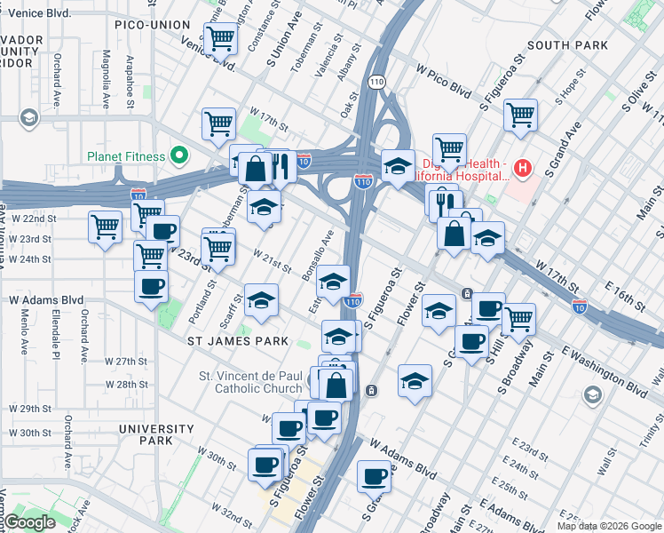map of restaurants, bars, coffee shops, grocery stores, and more near 1953 Estrella Avenue in Los Angeles
