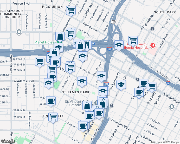 map of restaurants, bars, coffee shops, grocery stores, and more near 2118 Park Grove Avenue in Los Angeles