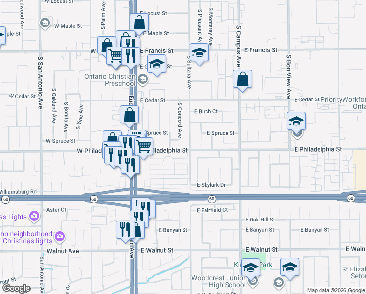 map of restaurants, bars, coffee shops, grocery stores, and more near 413 East Philadelphia Street in Ontario