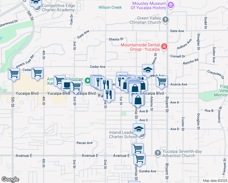 map of restaurants, bars, coffee shops, grocery stores, and more near 34958 Yucaipa Boulevard in Yucaipa