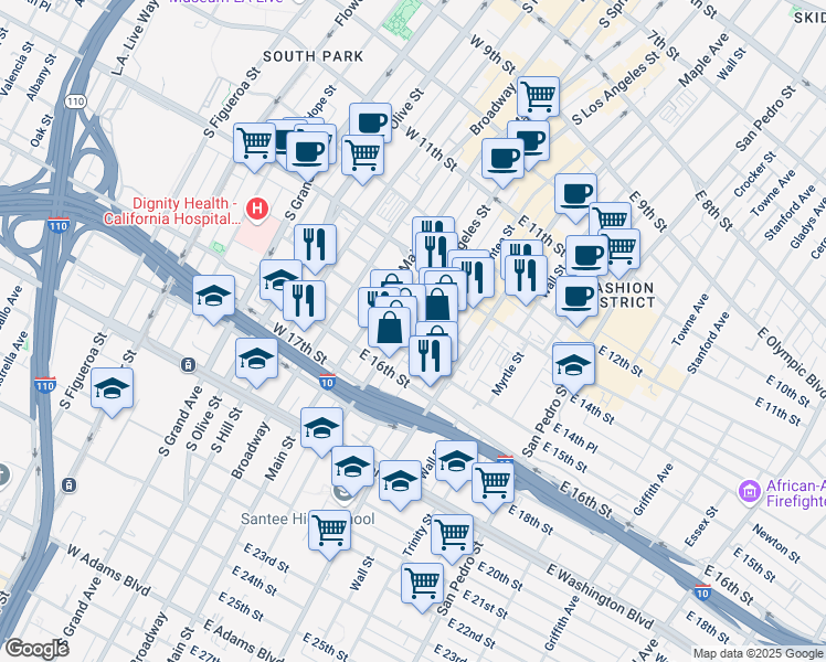 map of restaurants, bars, coffee shops, grocery stores, and more near 1437 Santee Street in Los Angeles
