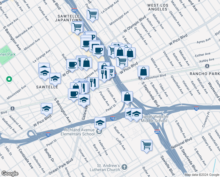 map of restaurants, bars, coffee shops, grocery stores, and more near 2400 Corinth Avenue in Los Angeles
