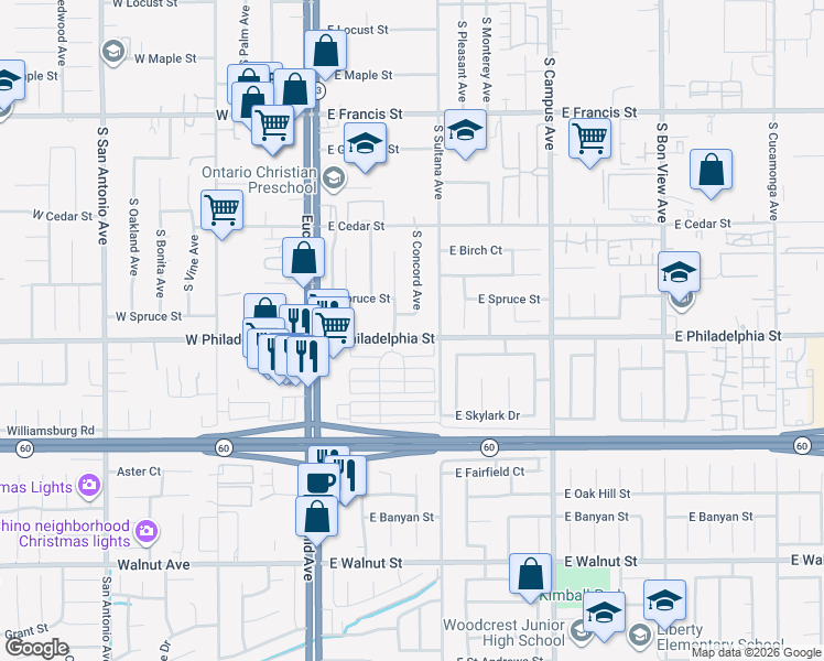 map of restaurants, bars, coffee shops, grocery stores, and more near 413 East Philadelphia Street in Ontario