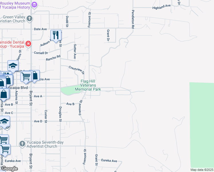 map of restaurants, bars, coffee shops, grocery stores, and more near 35822 Grandview Drive in Yucaipa
