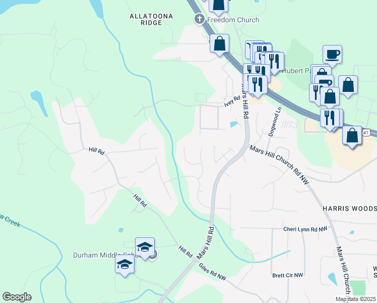 map of restaurants, bars, coffee shops, grocery stores, and more near 3420 Aviary Lane in Acworth