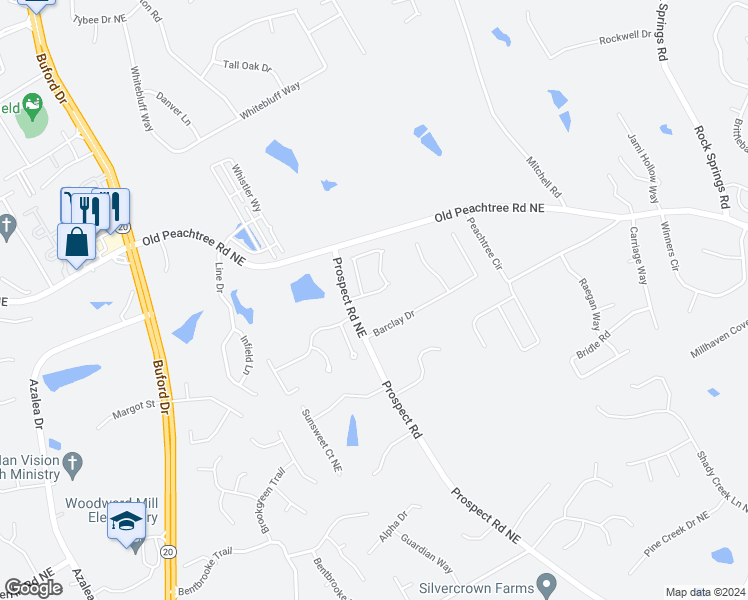 map of restaurants, bars, coffee shops, grocery stores, and more near 1369 Wilford Drive Northeast in Lawrenceville