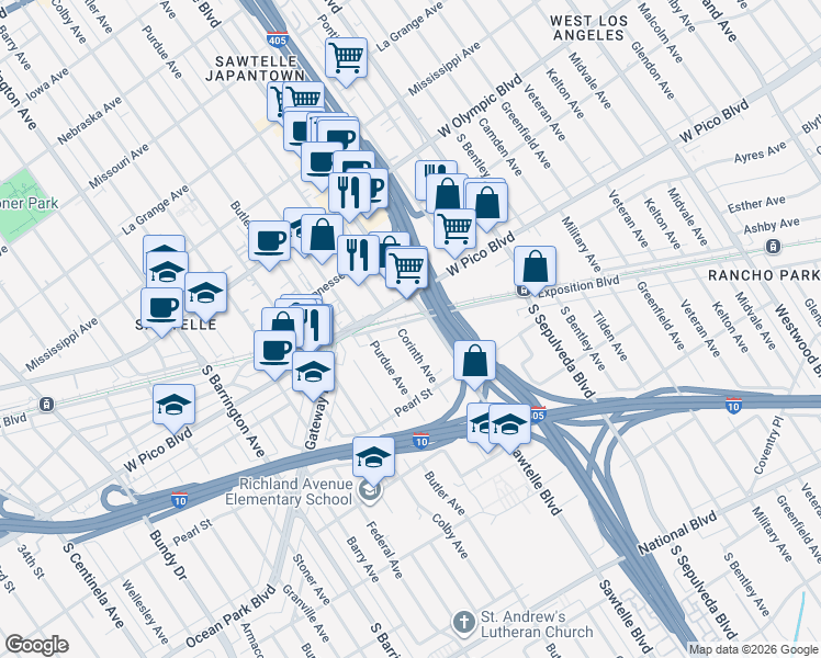 map of restaurants, bars, coffee shops, grocery stores, and more near 2400 Corinth Avenue in Los Angeles