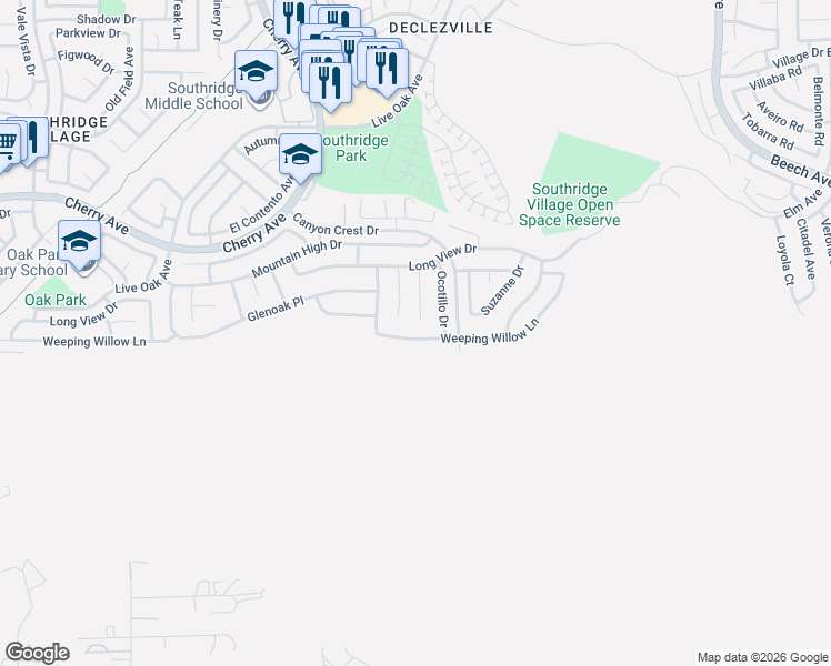 map of restaurants, bars, coffee shops, grocery stores, and more near 14769 Weeping Willow Lane in Fontana