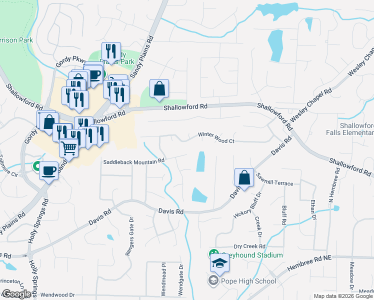 map of restaurants, bars, coffee shops, grocery stores, and more near 3244 Saddleback Mountain Road in Marietta